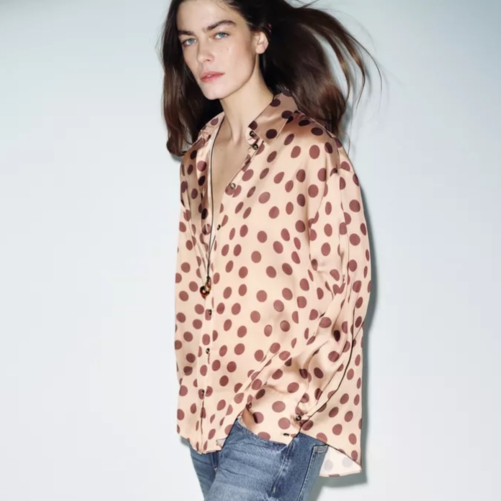 ZARA Satin Dots Shirt Long Sleeve Button Up Blouse Beige Brown Top Tunic Women M